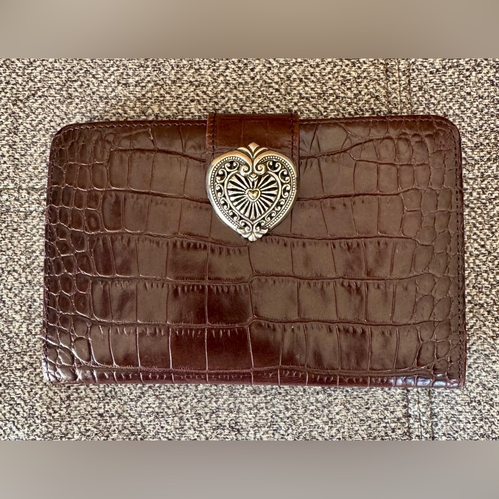 Brighton Brown Croc-Embossed Wallet with Heart Medallion